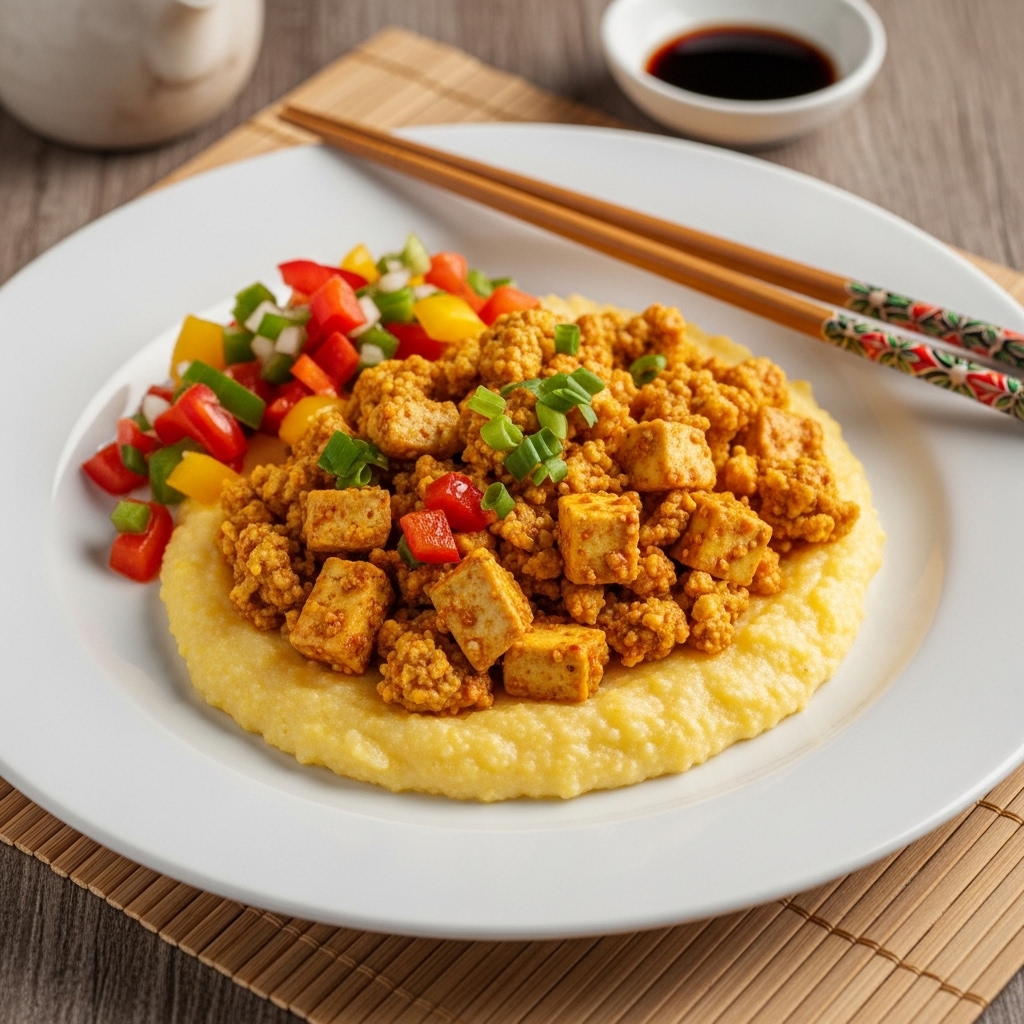 Cajun Vegetarian Brunch Delight: Creole-Spiced Tofu Scramble with Creamy Polenta and Bell Pepper Salsa