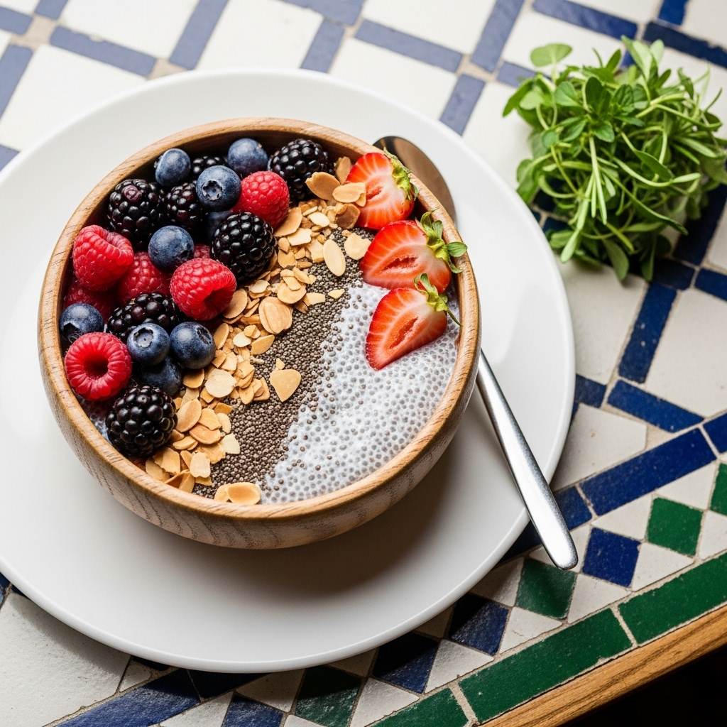 Californian Chia Pudding with Mixed Berries and Almond Crunch