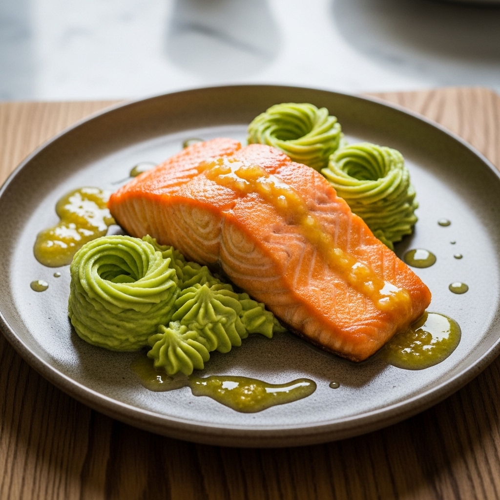 Californian Sunrise Salmon with Avocado Mousse and Zesty Lemon Vinaigrette