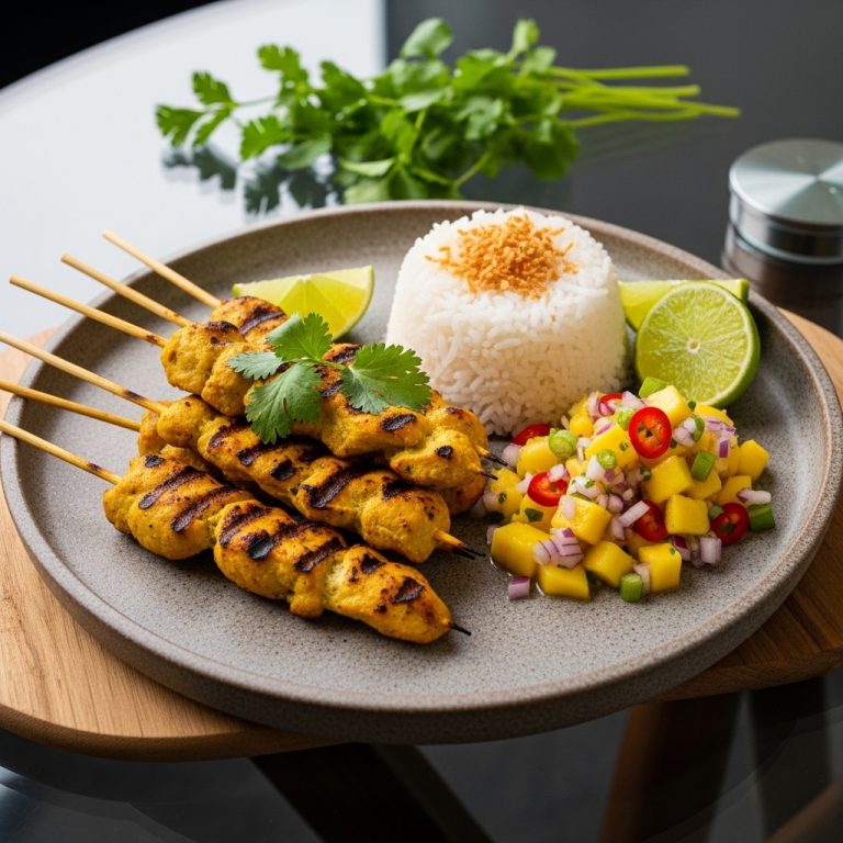Cambodian Chicken Satay with Coconut Rice and Mango Salsa