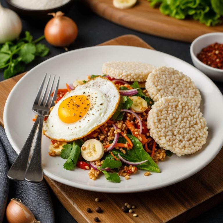 Cambodian Gluten-Free Brunch Delight: Banana Blossom Salad with Fried Eggs and Crispy Rice Cakes