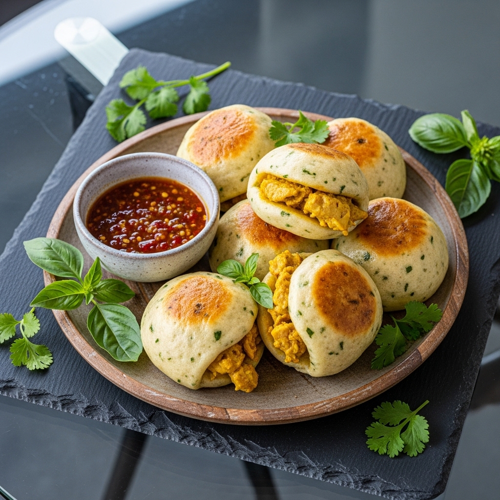Cambodian Gluten-Free Chicken Amok Steamed Buns with Spicy Dipping Sauce