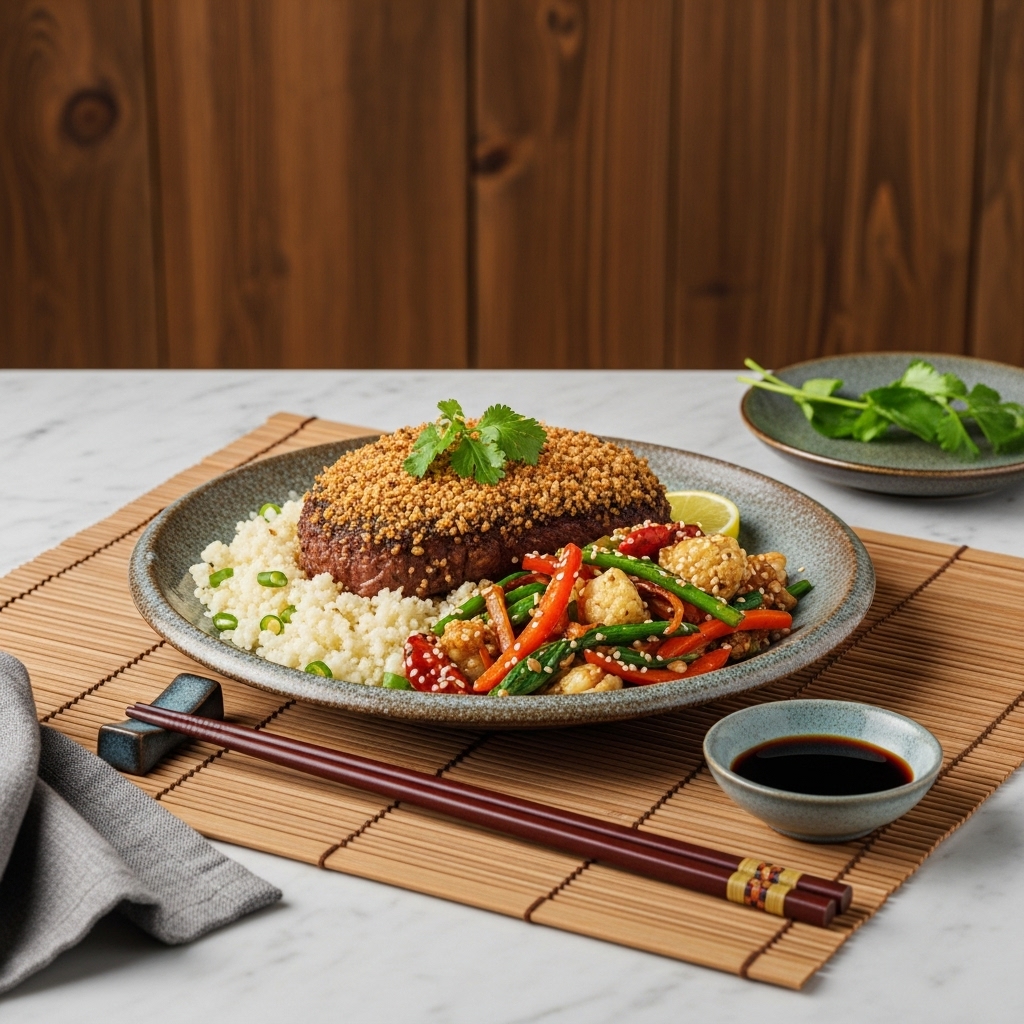 Cambodian Herb-Crusted Steak with Cauliflower Rice and Keto-Friendly Vegetable Stir Fry