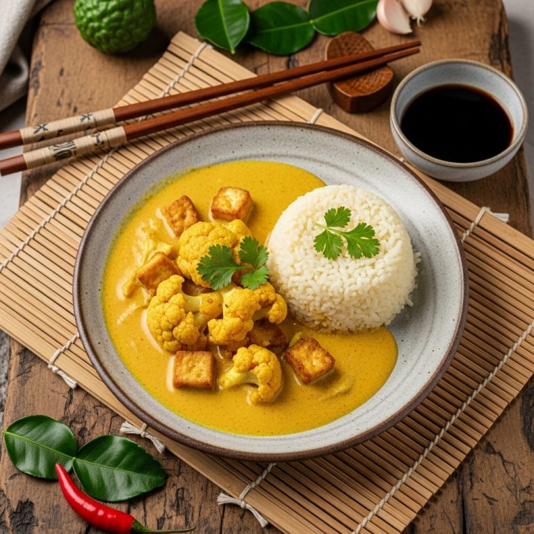 Cambodian Vegan Amok Curry with Cauliflower Rice and Crispy Tofu Bites