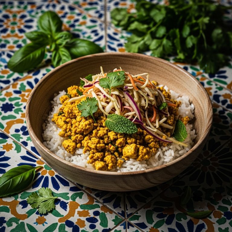 “Cambodian Vegan Breakfast Delight: Aromatic Rice Bowl with Tofu Scramble and Crunchy Banana Blossom Slaw”