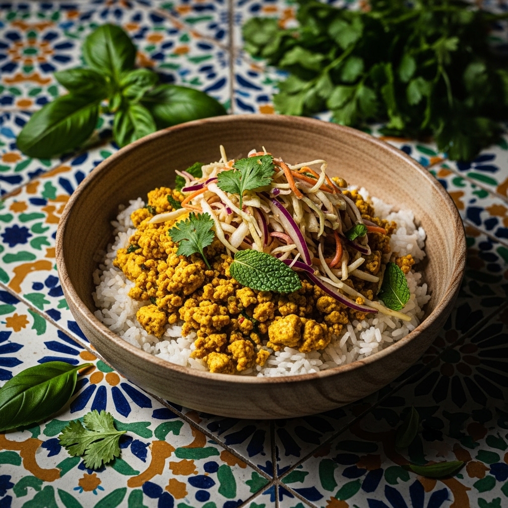 “Cambodian Vegan Breakfast Delight: Aromatic Rice Bowl with Tofu Scramble and Crunchy Banana Blossom Slaw”