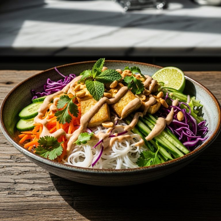 Cambodian Vegan Rice Noodle Salad Bowl with Tofu and Coconut Lime Dressing