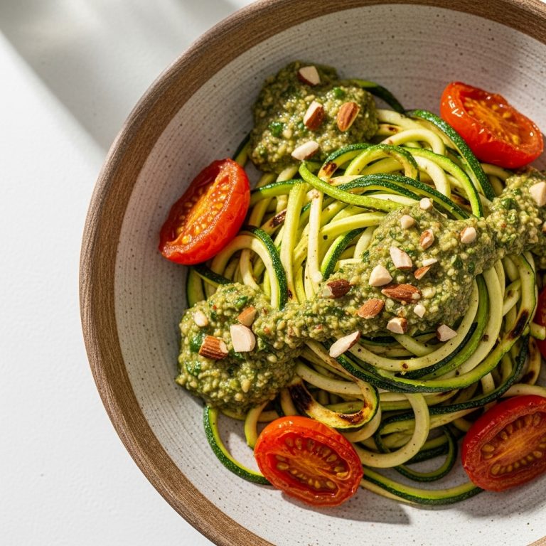 Caramelized Zucchini Noodle Bowl with Smoky Almond Pesto and Roasted Tomatoes