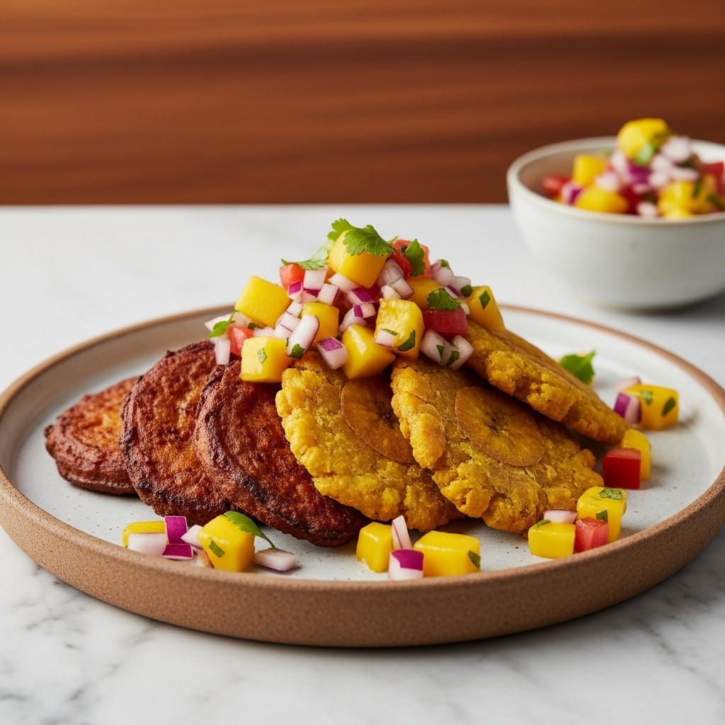 Caribbean Breakfast Delight: Gluten-Free Arooda & Plantain Fritters with Tropical Mango Salsa