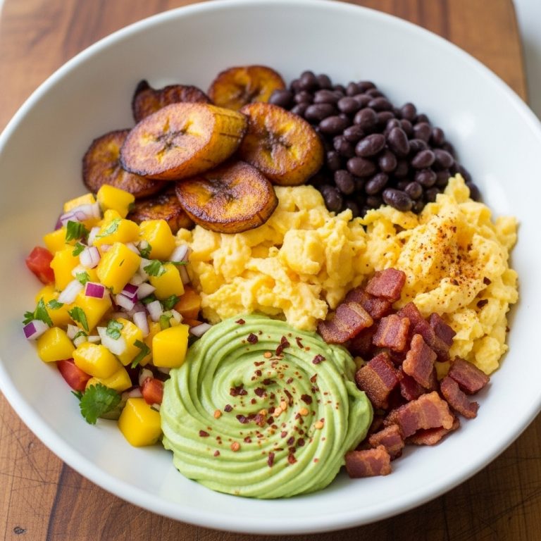 Caribbean Fusion Breakfast Bowl with Tropical Mango Salsa and Avocado Crema