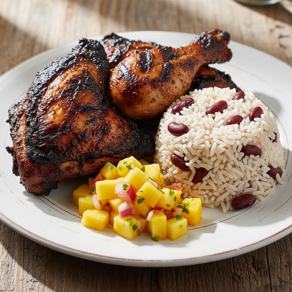 Caribbean Islander Feast: Grilled Jerk Chicken, Coconut Rice & Peas, and Mango-Pineapple Salsa