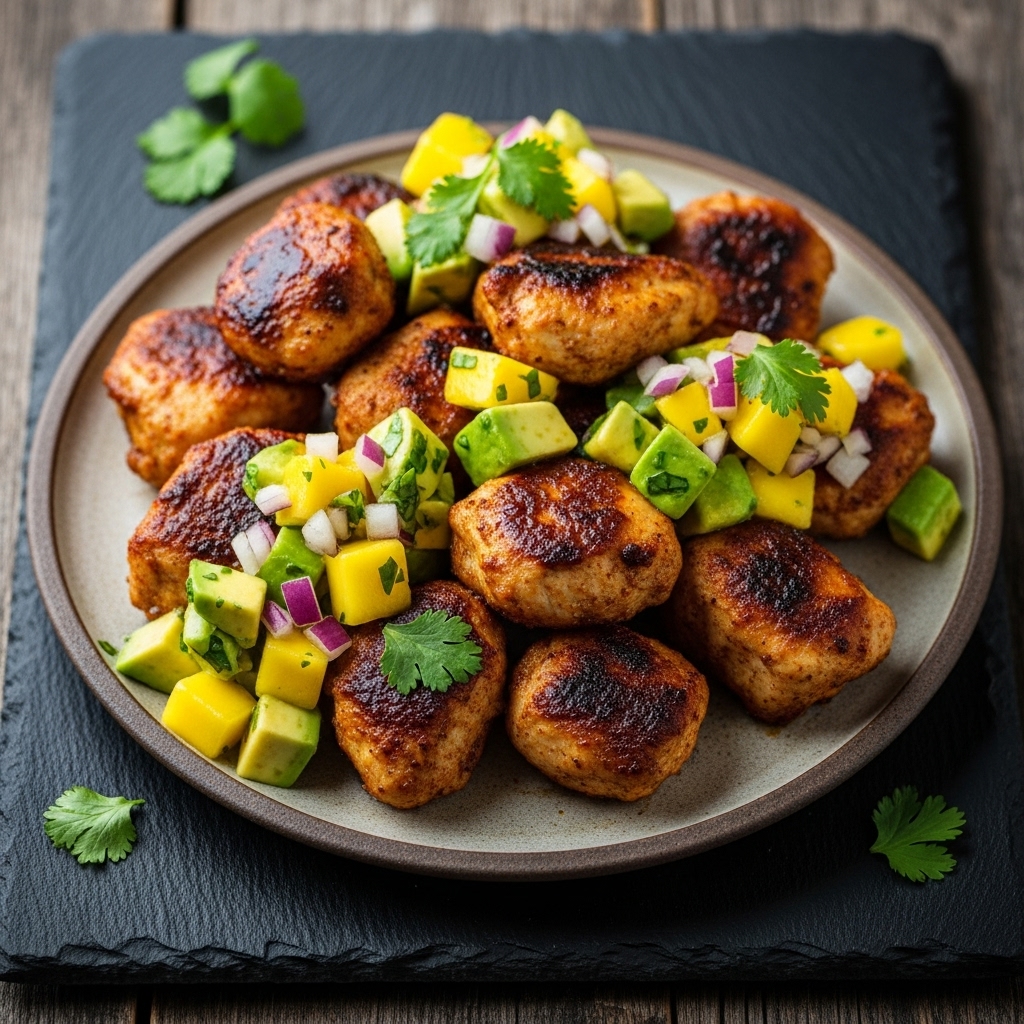 Caribbean Jerk Chicken Bites with Mango-Avocado Salsa (Paleo-Friendly)