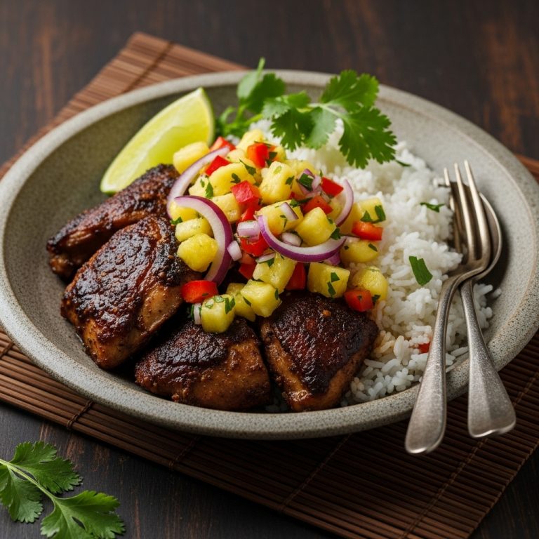 Caribbean Jerk Chicken Bowl with Pineapple Salsa and Coconut Rice – A Flavorful Island Feast