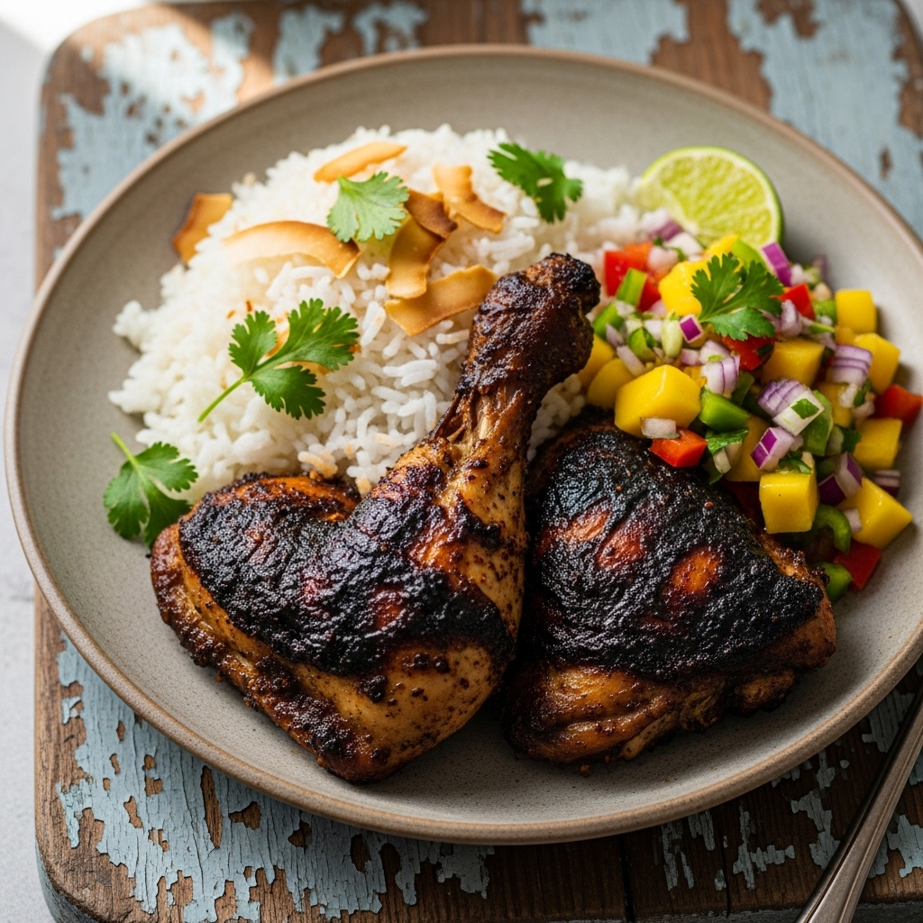 Caribbean Jerk Chicken with Coconut Rice & Mango Salsa
