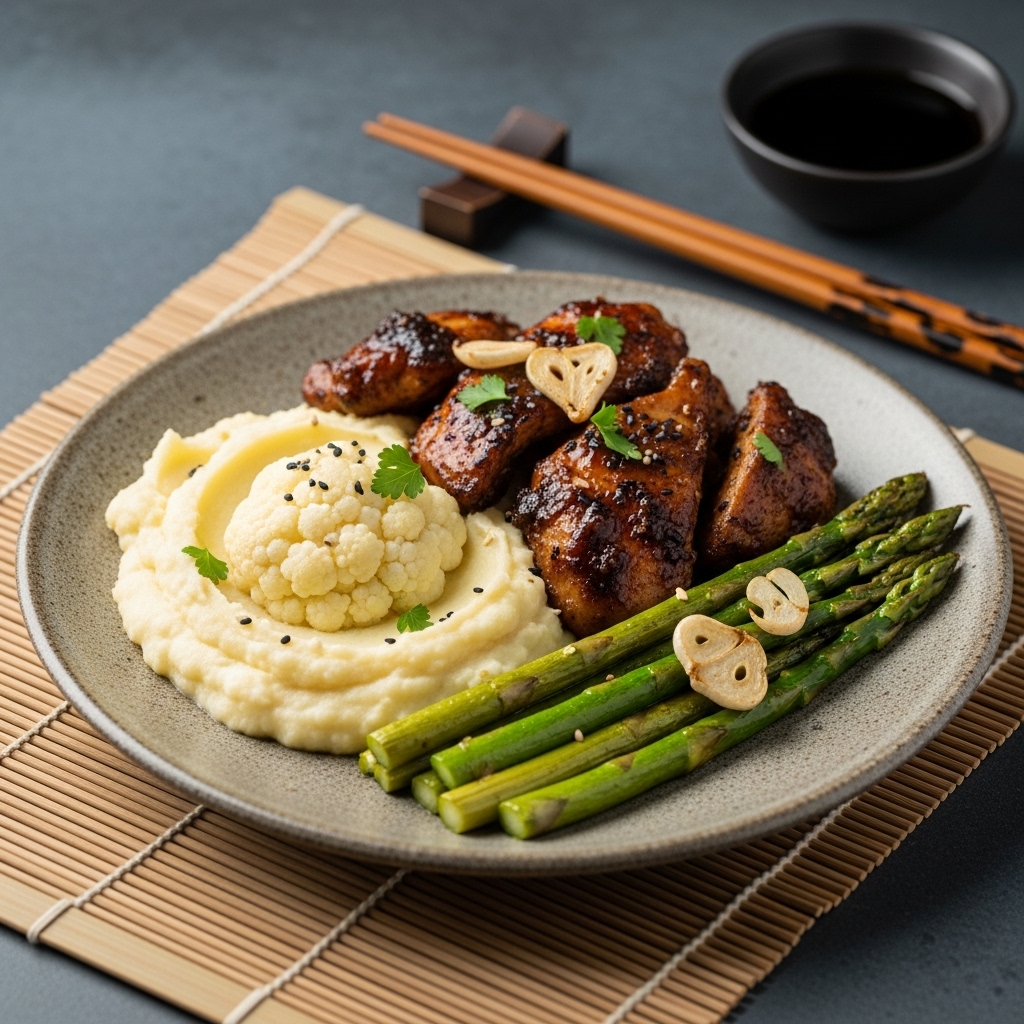 Caribbean Jerk Chicken with Creamy Mashed Cauliflower and Garlic Roasted Asparagus – Keto-Friendly & Low-Carb