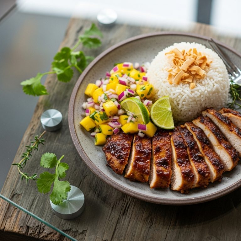 Caribbean Jerk Chicken with Mango Salsa & Coconut Rice (Easy)