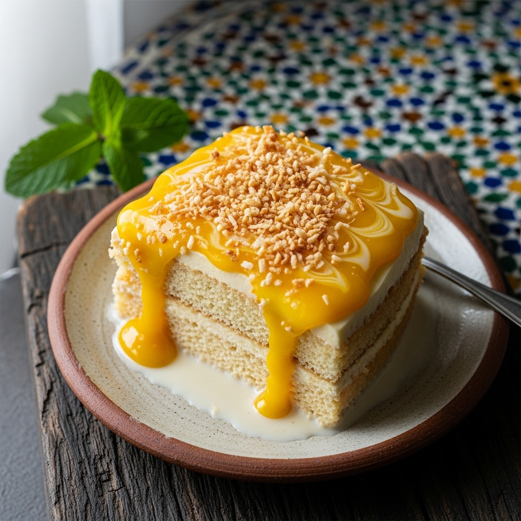 Caribbean Rum Coconut Tres Leches Cake with Mango Couli and Toasted Coconut Flakes
