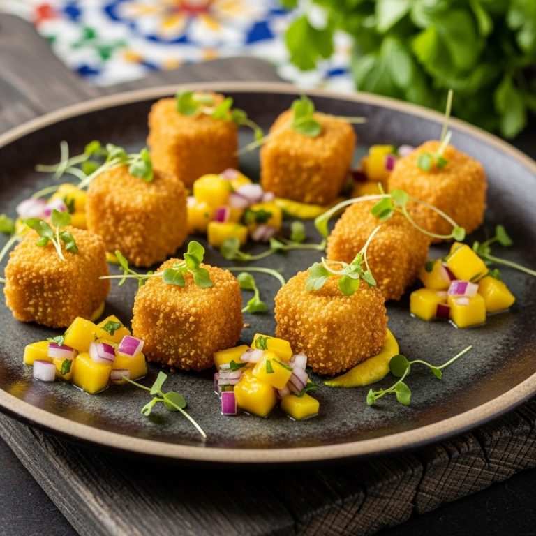 “Caribbean Snack: Coconut-Curry Tofu Bites With Mango Salsa”