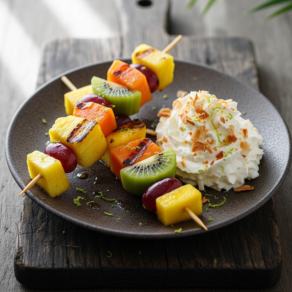 Caribbean Tropical Fruit Skewers with Rum-Infused Coconut Whipped Cream