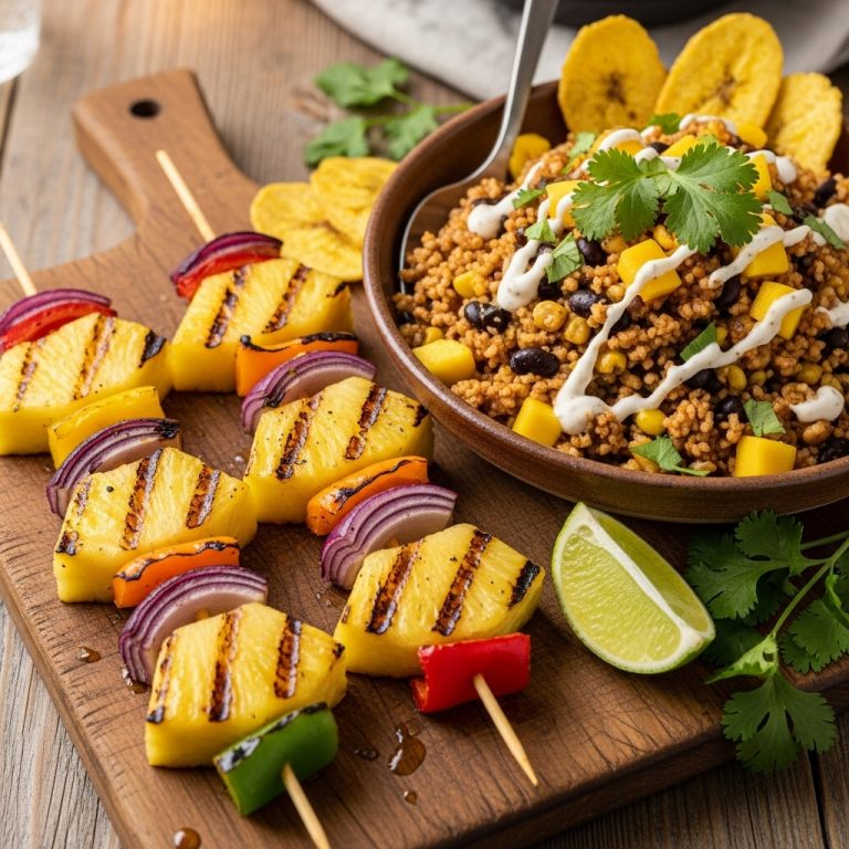 Caribbean Vegan Fusion Feast: Grilled Pineapple Skewers & Creamy Spiced Cauliflower Rice Bowls