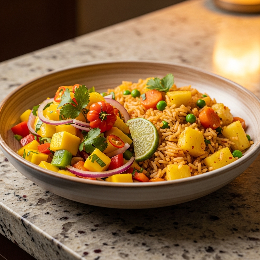 Caribbean Vegan Mango Ceviche & Spicy Pineapple Fried Rice Bowl