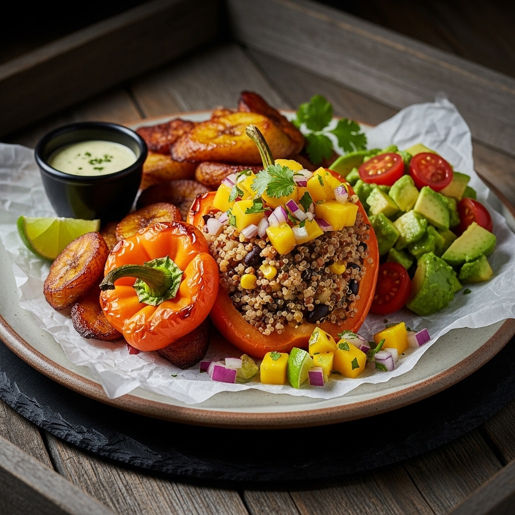 Caribbean Vegetarian Lunch Feast: Quinoa-Stuffed Sweet Peppers with Mango Salsa