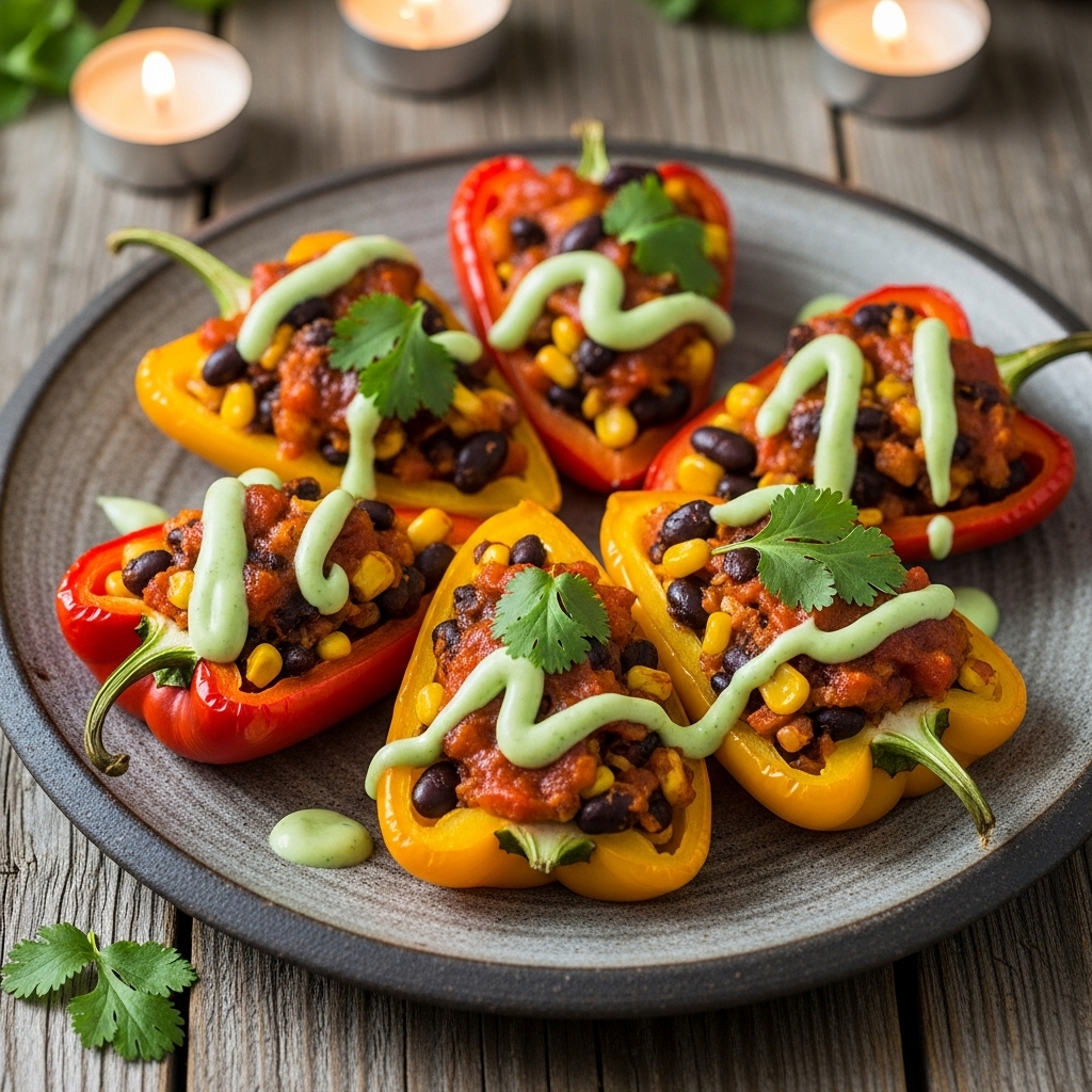 Caribbean Vegetarian Plantain-Stuffed Sweet Peppers with Cilantro-Lime Sauce
