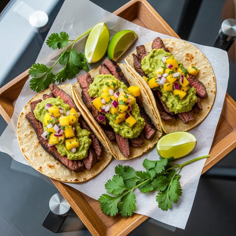 “Carne Asada Street Tacos with Mango Salsa & Smoky Guacamole”