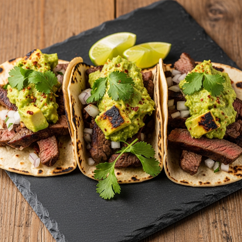 “Carne Asada Street Tacos with Smoky Guacamole”