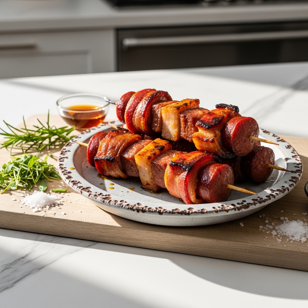 Carnival Barker’s Smoky Maple Bacon Explosion Skewers