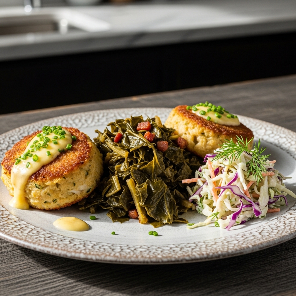 Carolina Crab Cakes with Smoky Collard Greens and Buttermilk Slaw
