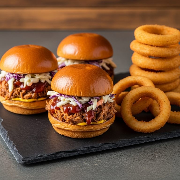 “Carolina Gold” BBQ Smokehouse Sliders with Crispy Onion Rings