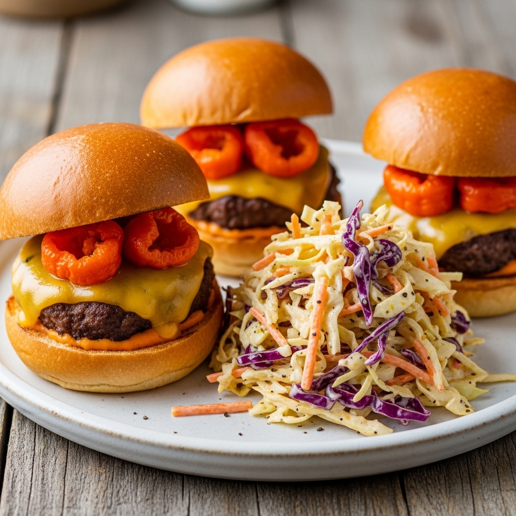 Carolina Reaper Cheeseburger Sliders with Smoky Coleslaw