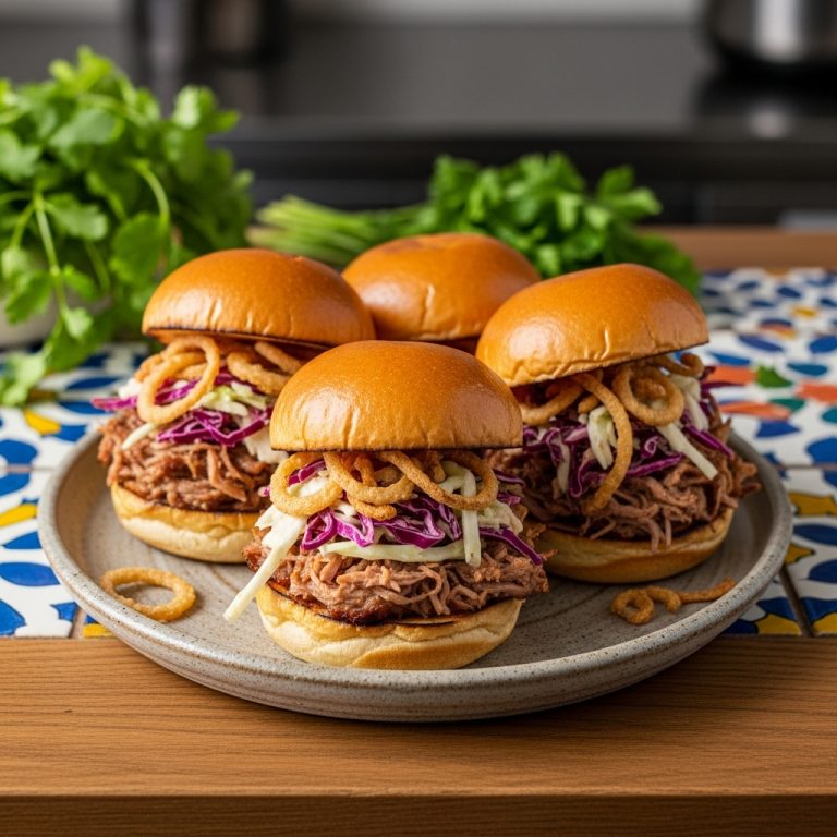 Carolina Reverse BBQ Sliders with Spicy Slaw and Crispy Onions