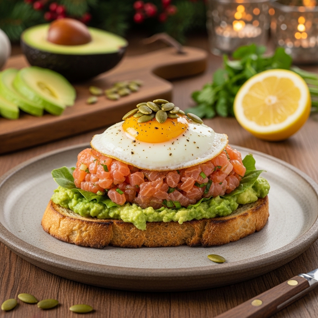 Chilean Breakfast Delight: Smoky Salmon Tartare on Avo-Toast with Egg & Roasted Pepitas