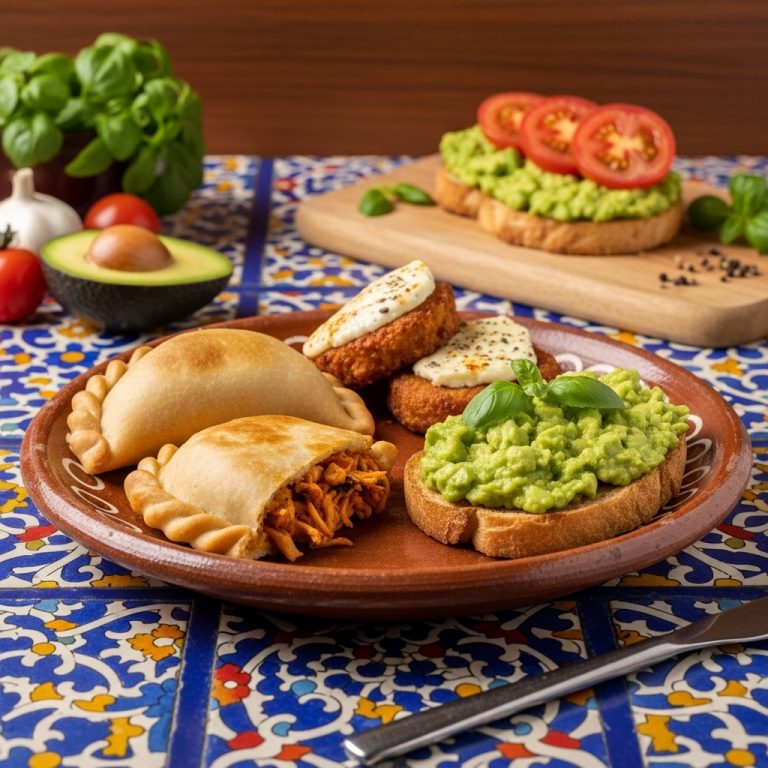 Chilean Breakfast Feast: Empanada de Pollo, Tomato & Cheese Fritters, and Avocado Smash on Toast