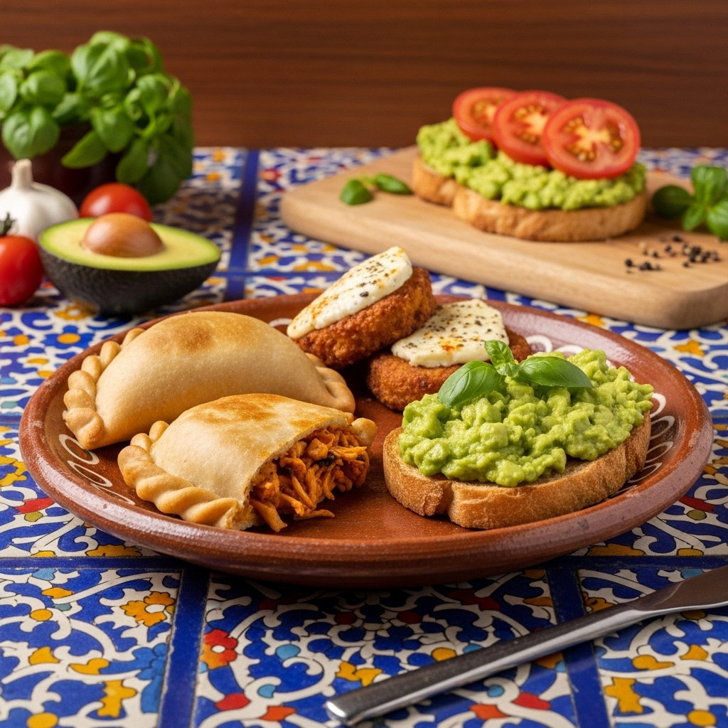 Chilean Breakfast Feast: Empanada de Pollo, Tomato & Cheese Fritters, and Avocado Smash on Toast