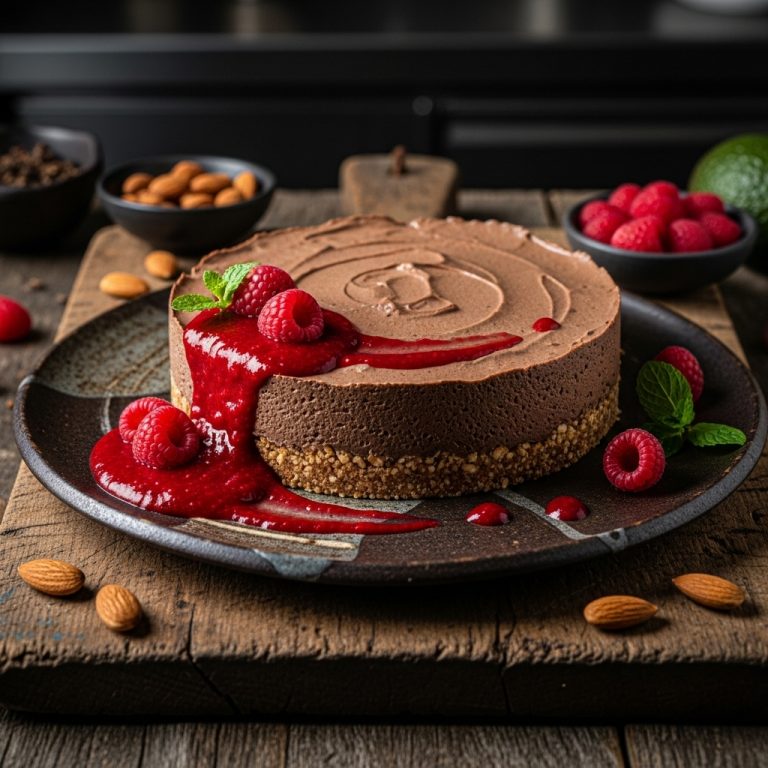 Chilean Dessert: Paleo Choco-Avocado Mousse Torte with Almond Crust and Raspberry Sauce