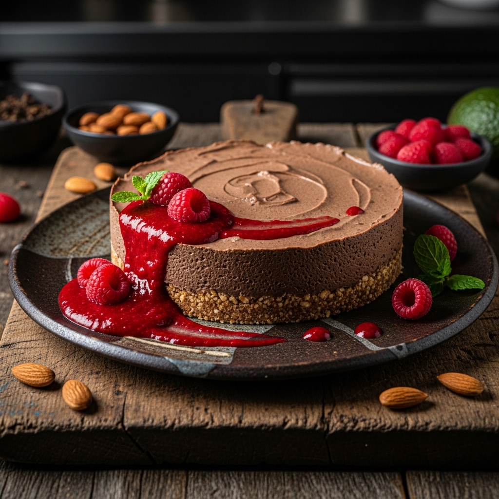 Chilean Dessert: Paleo Choco-Avocado Mousse Torte with Almond Crust and Raspberry Sauce
