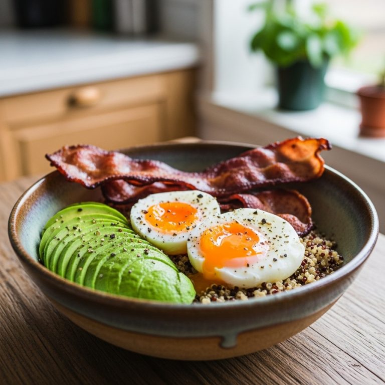 Chilean-Inspired Paleo Breakfast Bowl: Smoky Bacon, Avocado, Poached Eggs & Quinoa