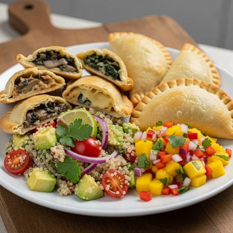 Chilean Vegetarian Lunch Feast: Mouthwatering Empanadas, Creamy Quinoa Salad & Fresh Mango Salsa