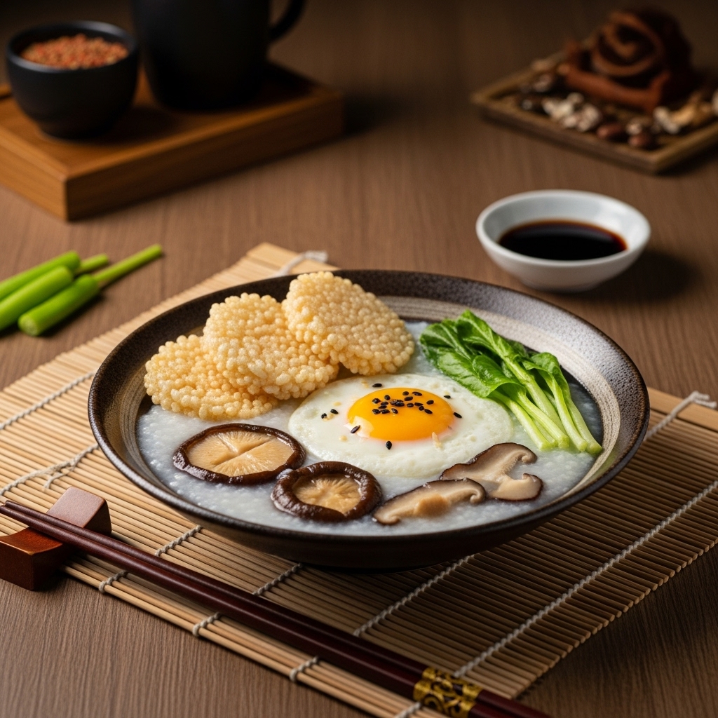 Chinese Breakfast Delight: Scrumptious Eggs and Shiitake Mushroom Congee with Crispy Fried Rice Cakes