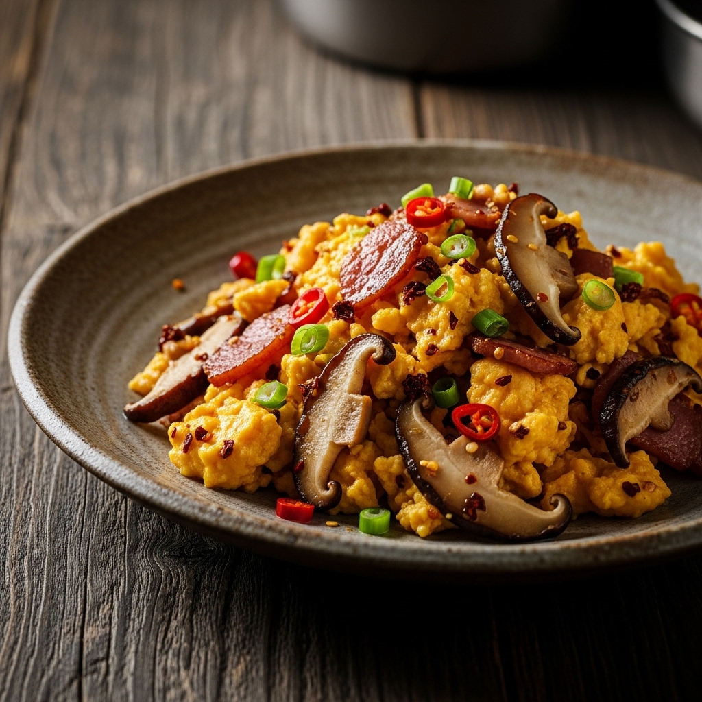 Chinese Paleo Brunch: Spicy Sichuan Scrambled Eggs with Shiitake Mushrooms & Bacon