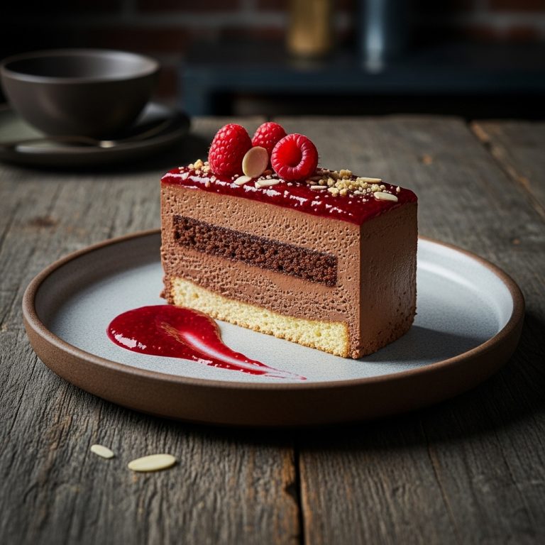 Chocolate Almond Mousse Torte with Raspberry Coulis