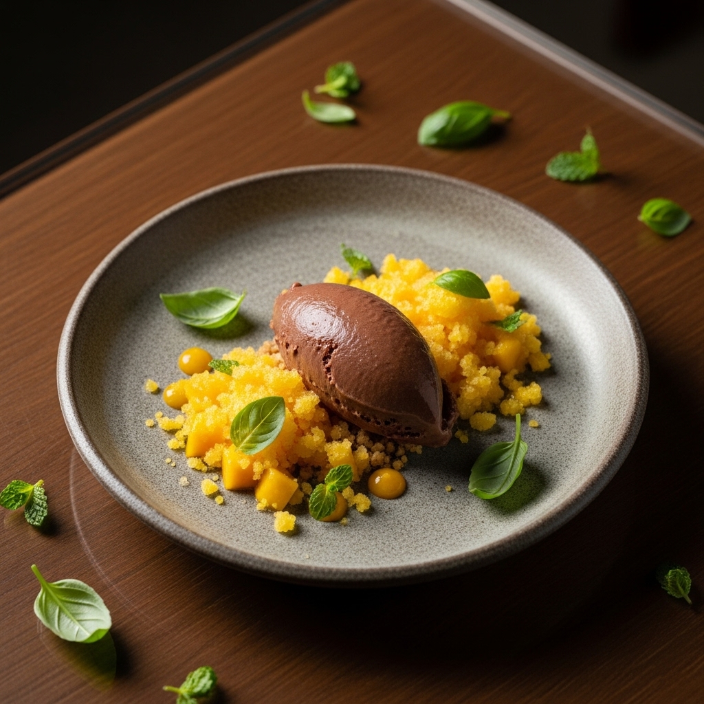 Chocolate Chili Sorbet and Mango-Coconut Granita Fusion