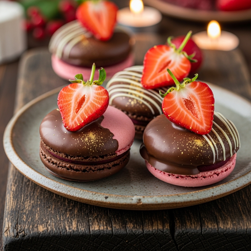 Chocolate-Dipped Strawberry Macarons