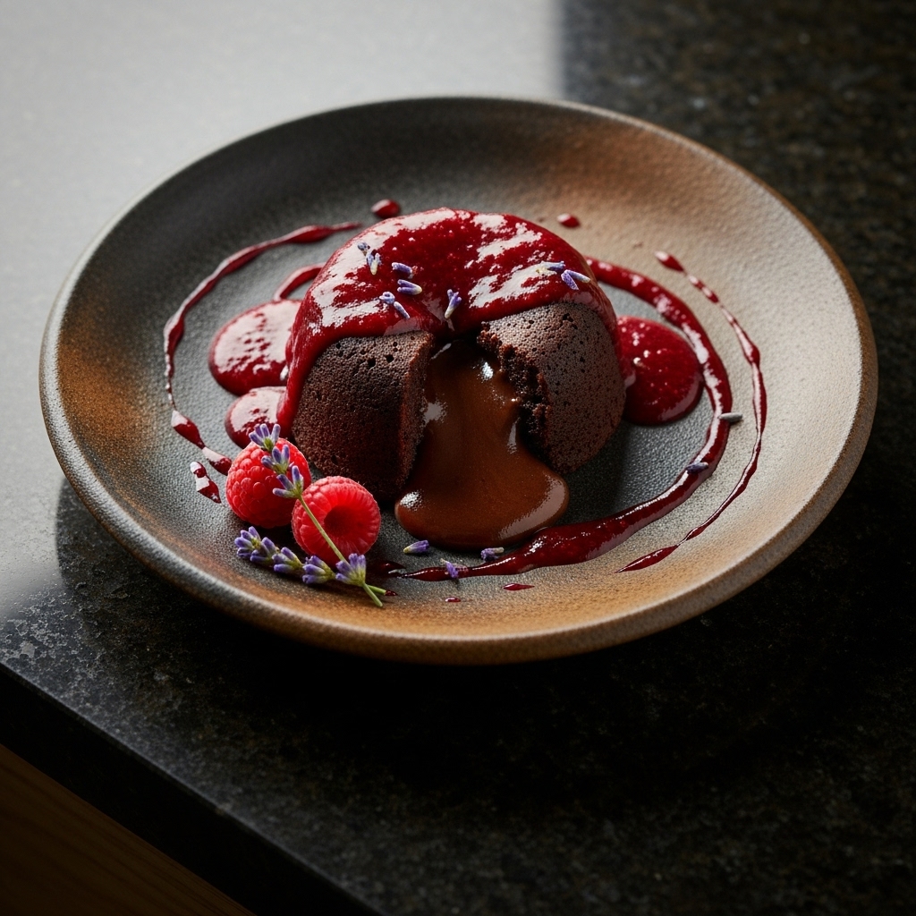 Chocolate Fondant with Raspberry-Lavender Coulis