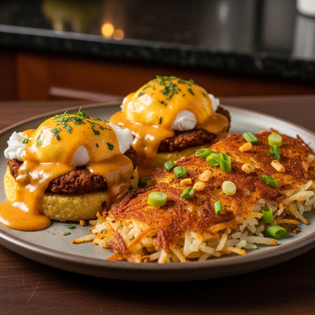 Cinematic Cajun Vegetarian Brunch Feast: Mouthwatering Creole Eggs Benedict with Spicy Hash Browns