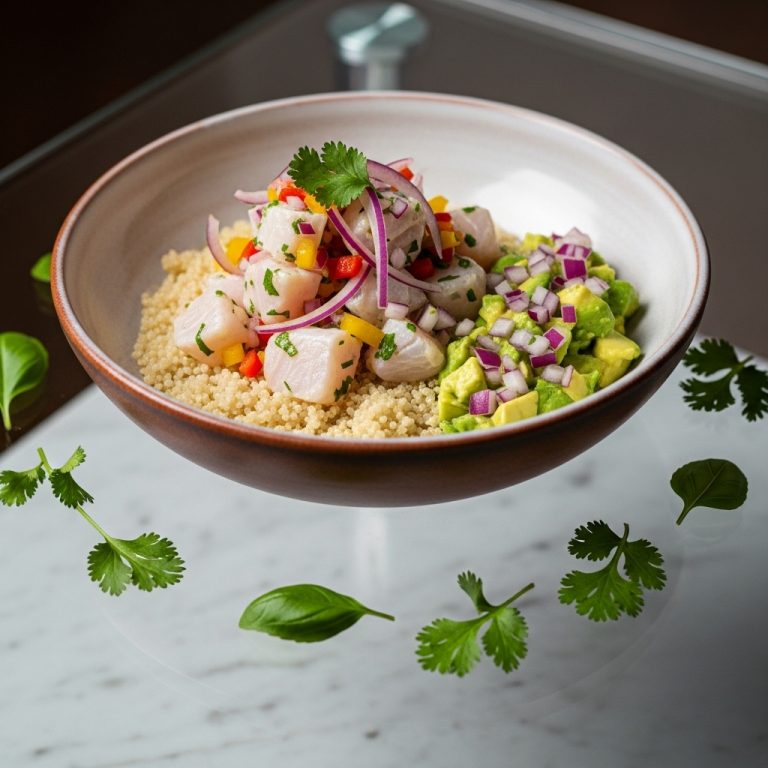 Cinematic Colombian Ceviche Bowl with Quinoa & Avocado Salsa