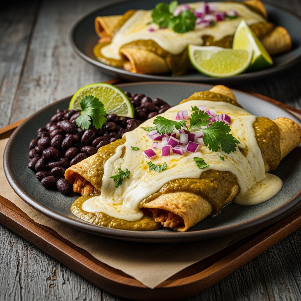 Cinematic Mexican Lunch: Authentic Chicken Enchiladas Suizos with Creamy Queso Sauce and Black Beans